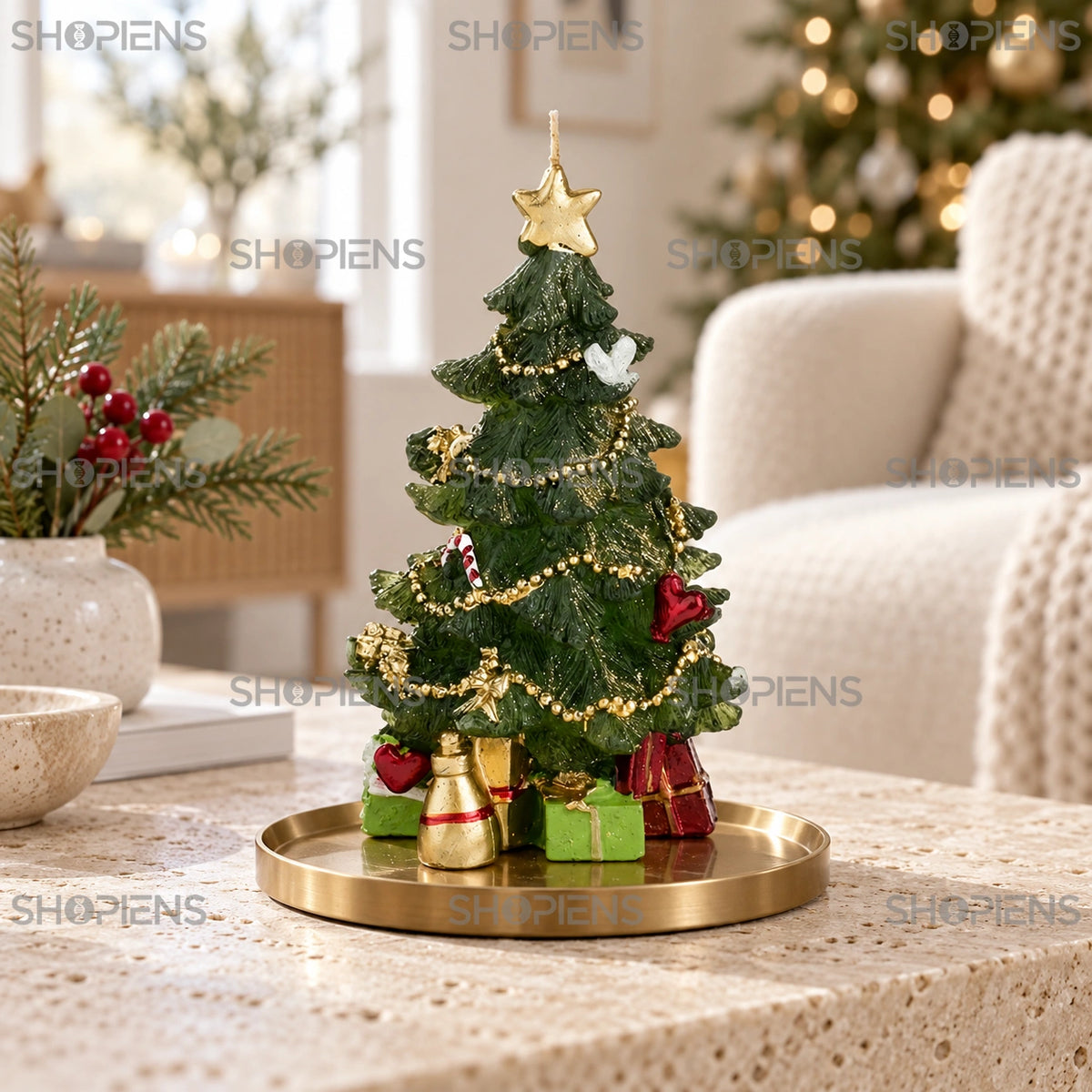 Brad împodobit cu cadouri, lumânare decorativă de 22 cm în decor de living | Shopiens®
