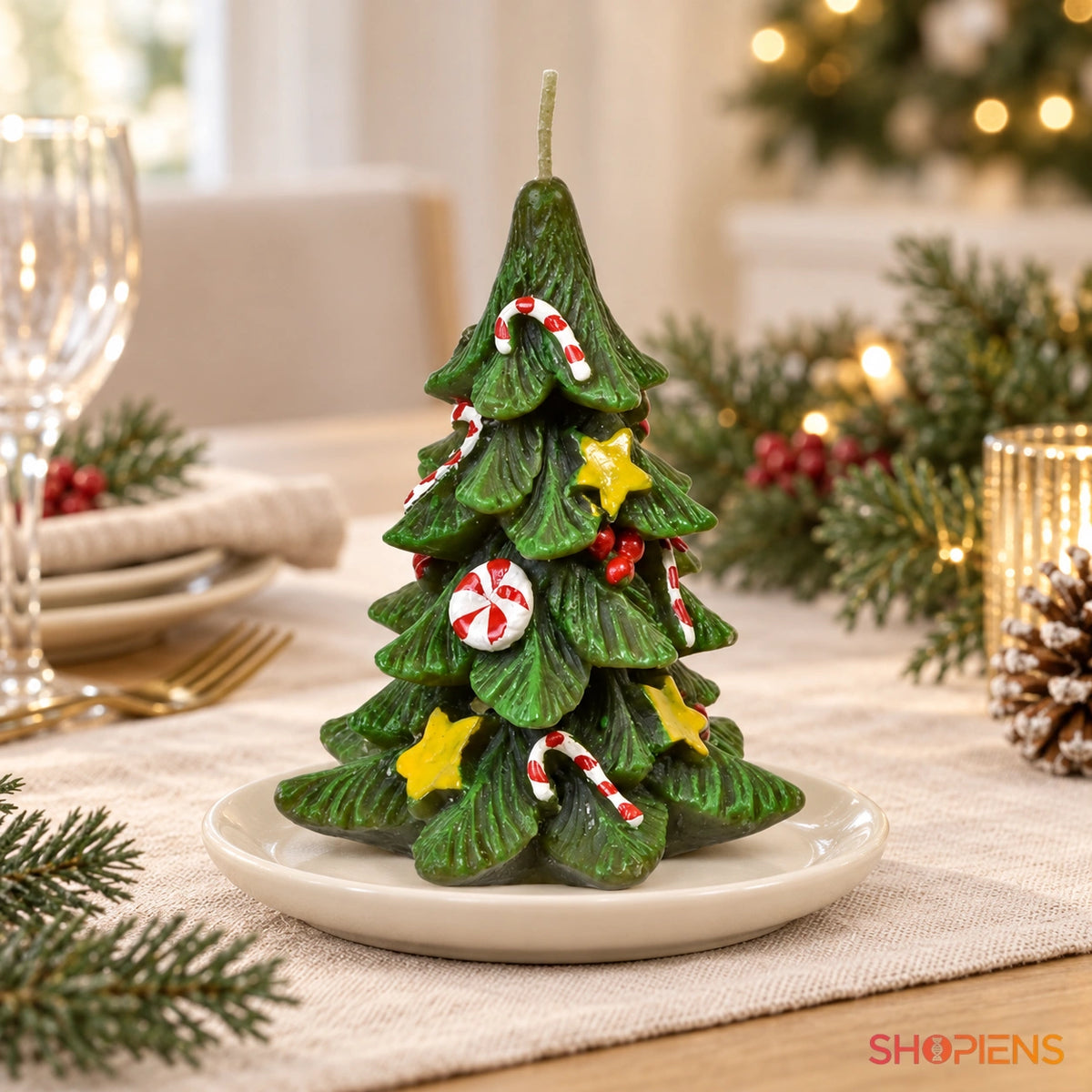 Brăduț decorativ din parafină cu ornamente, 14 cm pe masă festivă | Shopiens®