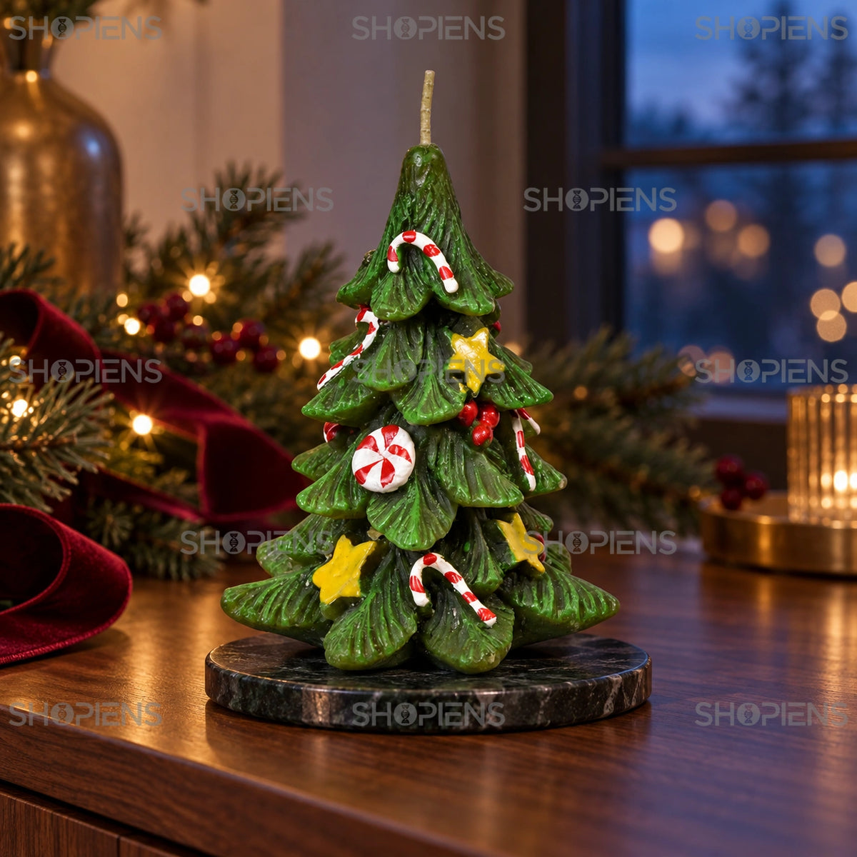 Brăduț decorativ din parafină cu ornamente, 14 cm pe consolă lângă fereastră | Shopiens®