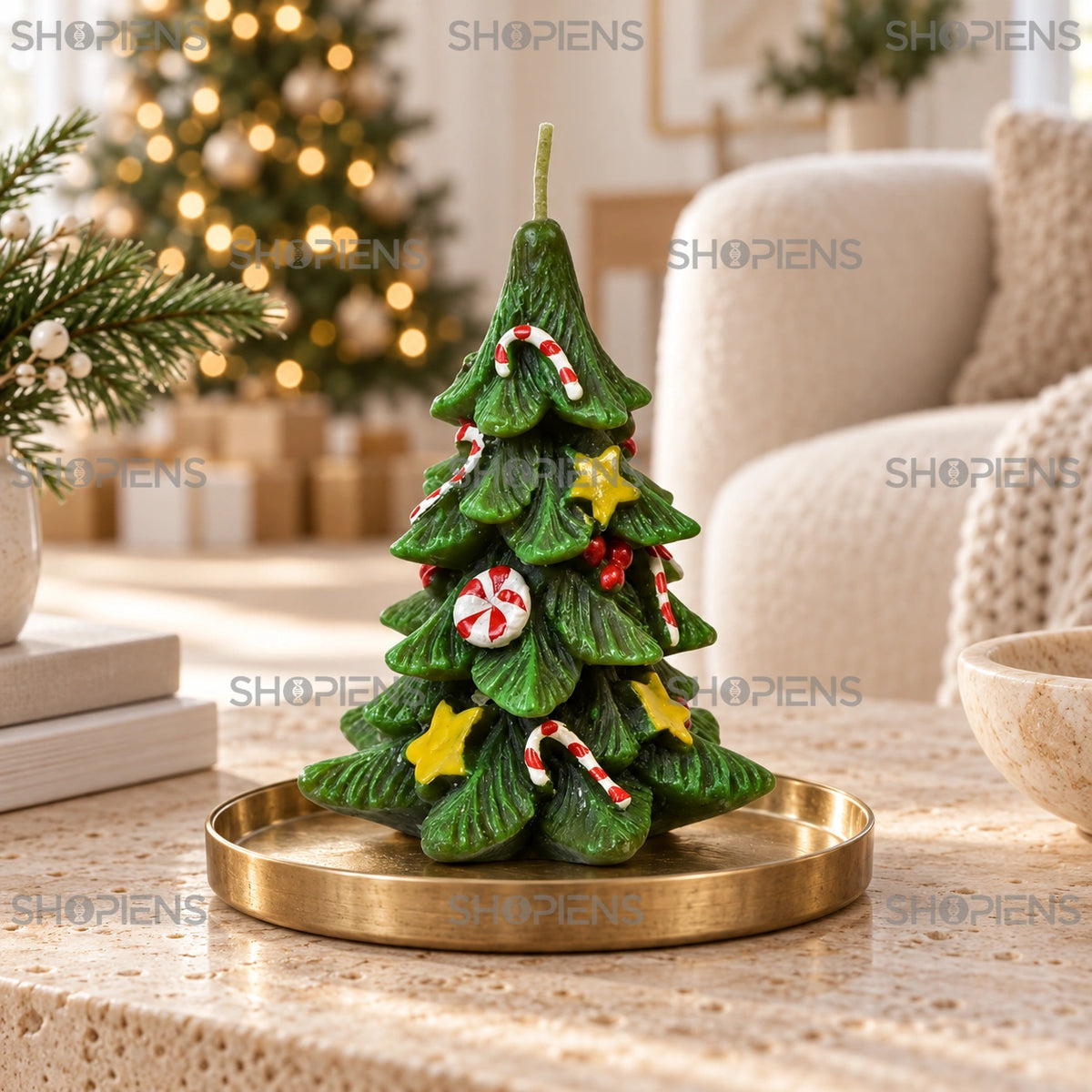 Brăduț decorativ din parafină cu ornamente, 14 cm în decor de living | Shopiens®