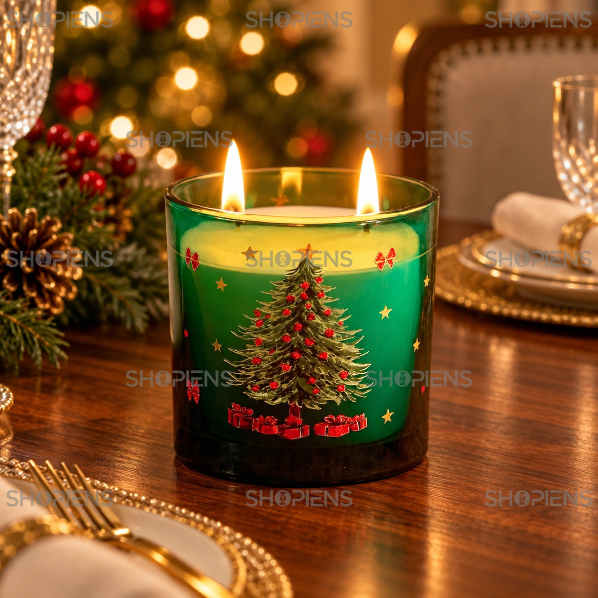 Lumânare gingerbread cu două flăcări în decor de Crăciun | Shopiens®