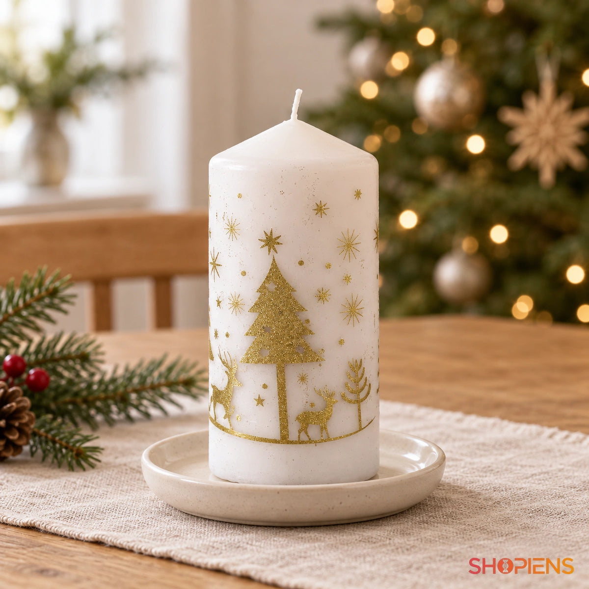 Lumânare de Crăciun cu brazi aurii, 15 cm, pe masa de Crăciun în lumină naturală | Shopiens®
