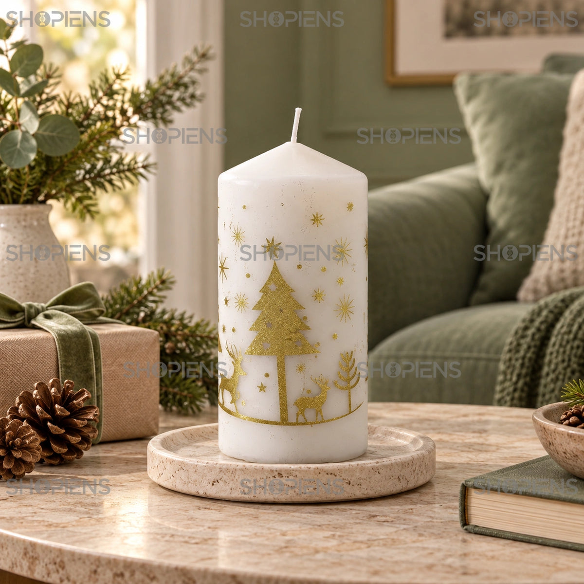 Lumânare de Crăciun cu brazi aurii, 15 cm, pe o măsuță în living decorat de sărbători | Shopiens®