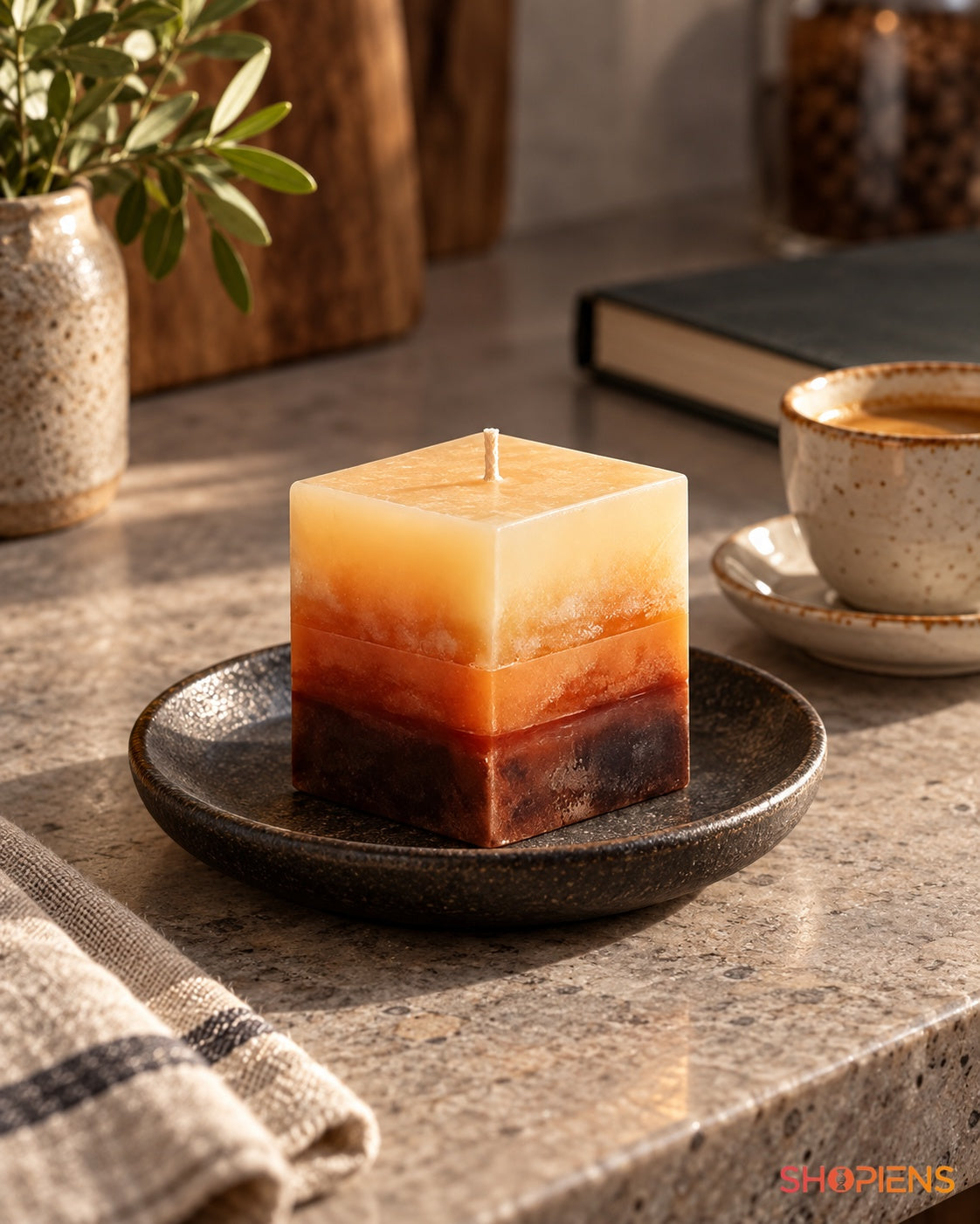 Lumânare Cub cu Aromă de Cafea, Maro și Ecru