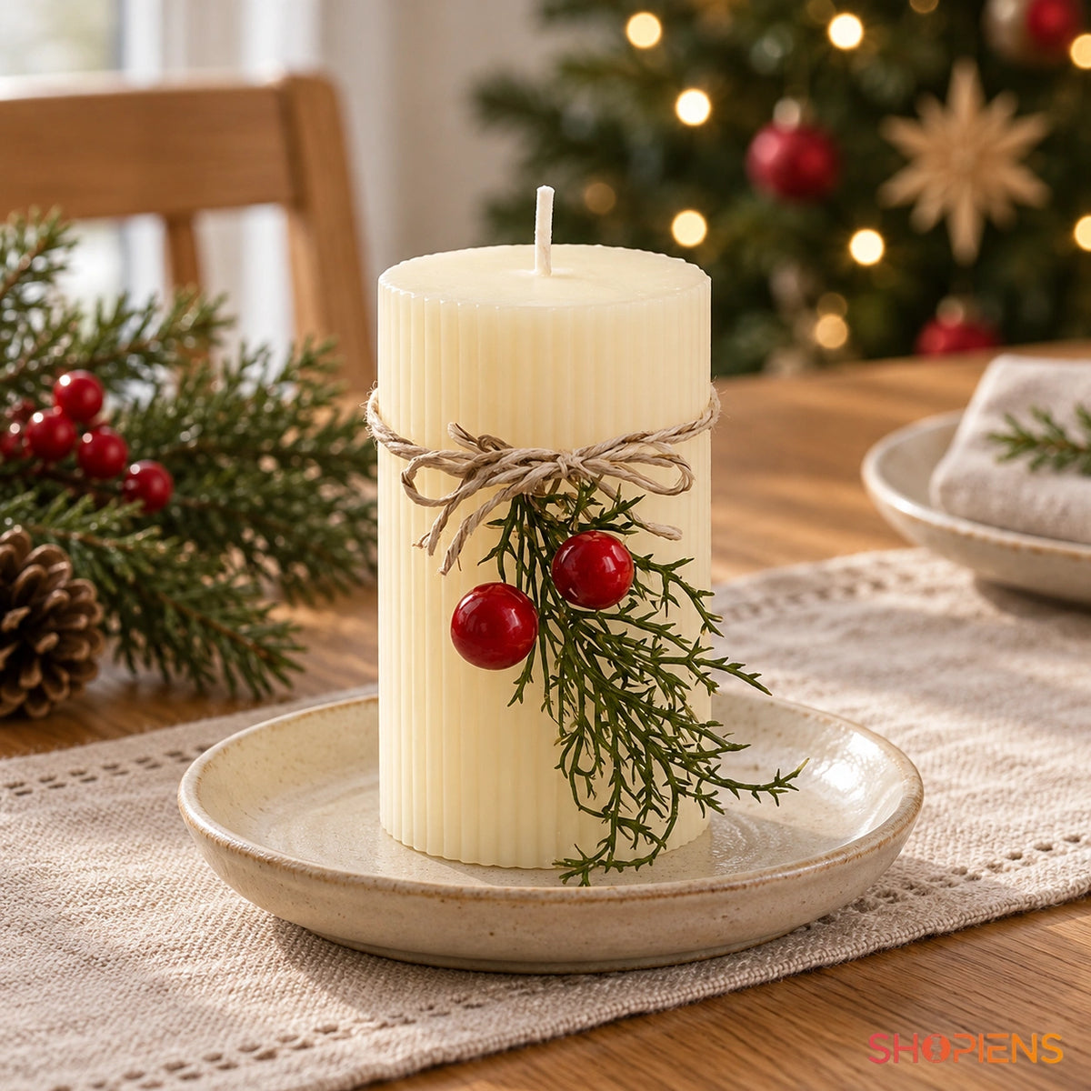 Lumânare ecru cu striații și crenguță de vâsc, 9 cm, pe masa de Crăciun în lumină naturală | Shopiens®