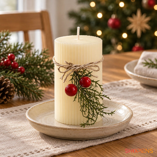 Lumânare ecru cu striații și crenguță de vâsc, 9 cm, pe masa de Crăciun în lumină naturală | Shopiens®