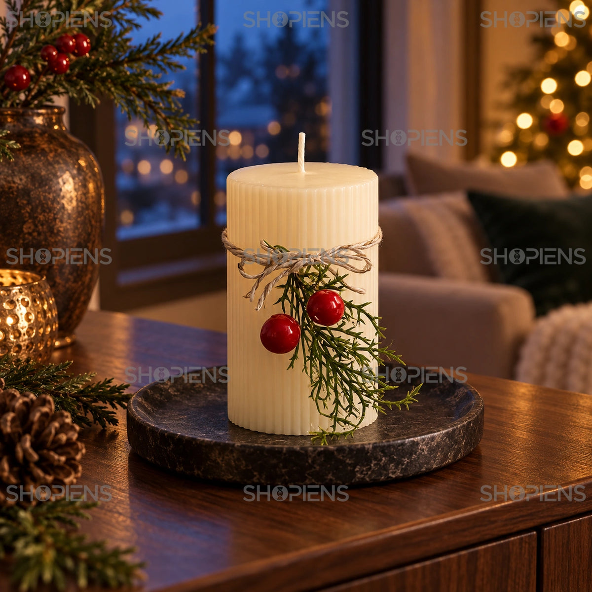 Lumânare ecru cu striații și crenguță de vâsc, 9 cm, pe o consolă lângă fereastră în decor festiv | Shopiens®