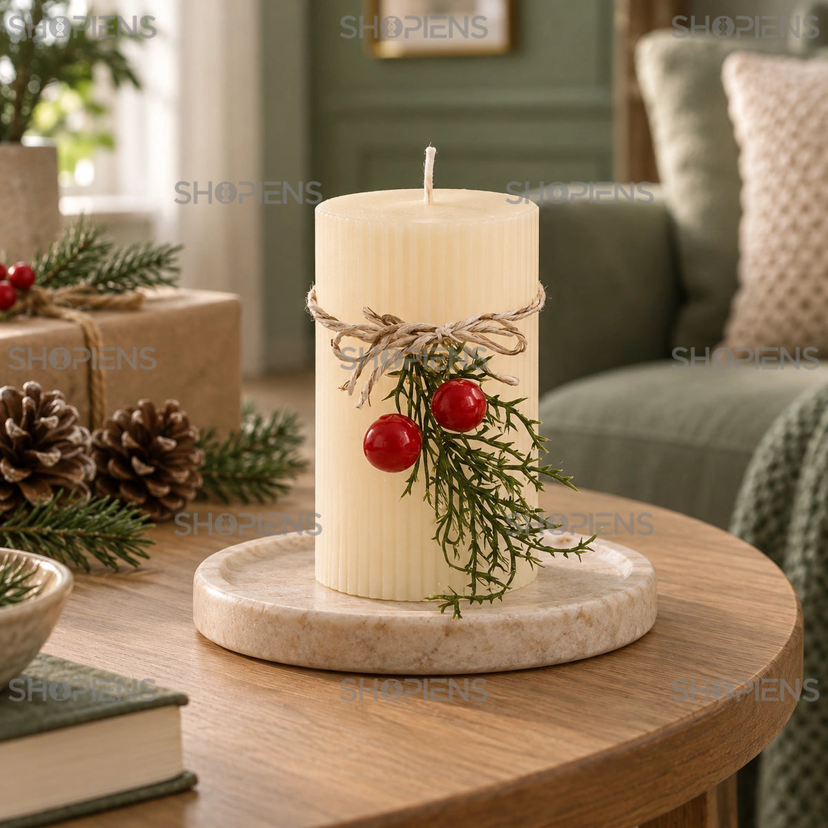 Lumânare ecru cu striații și crenguță de vâsc, 9 cm, pe o măsuță în living decorat de sărbători | Shopiens®
