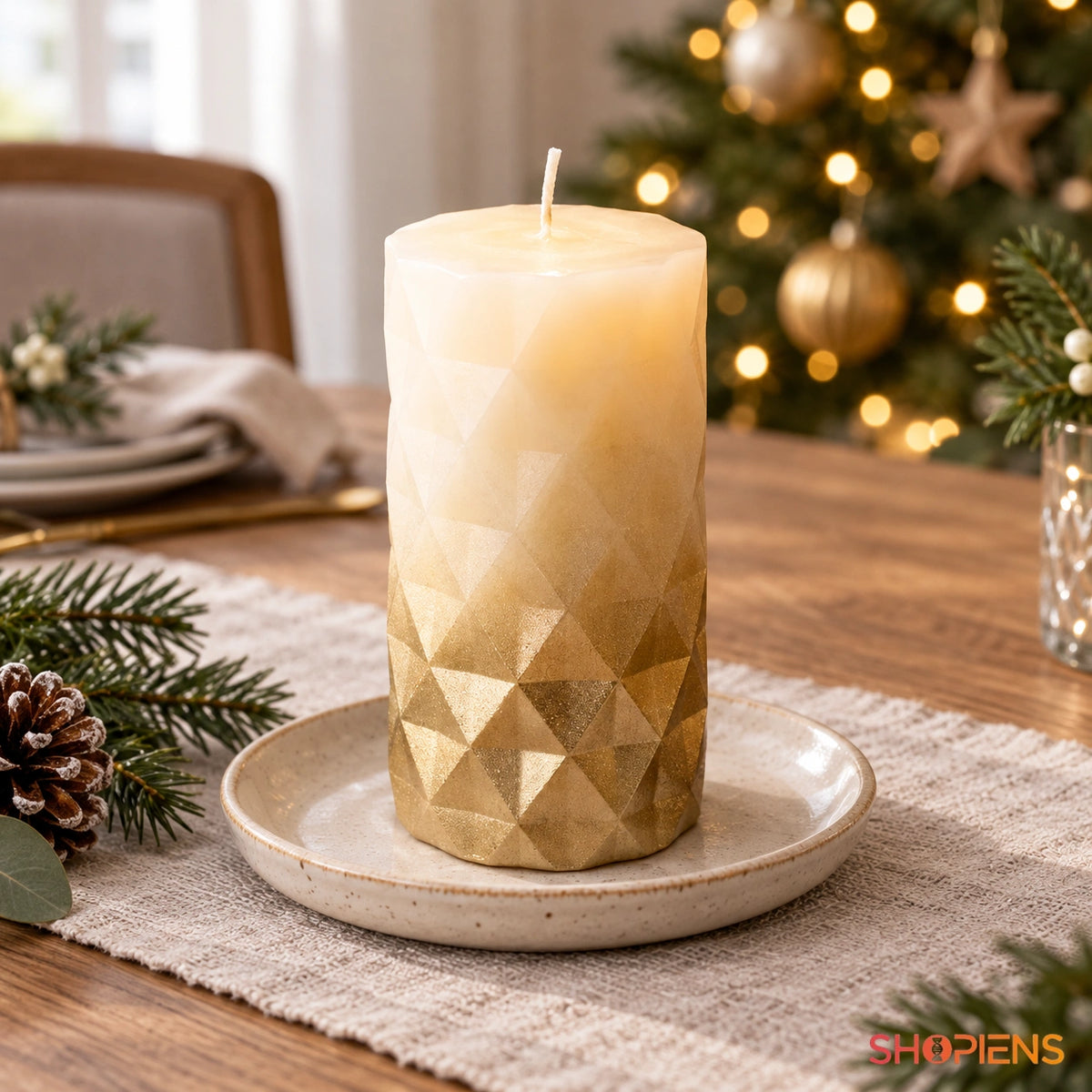 Lumânare cu relief geometric ecru și auriu, 12 cm, pe masa de Crăciun în lumină naturală | Shopiens®
