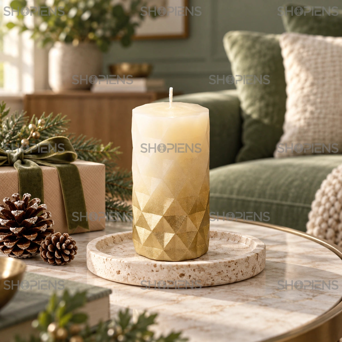 Lumânare cu relief geometric ecru și auriu, 12 cm, pe o măsuță în living decorat de sărbători | Shopiens®