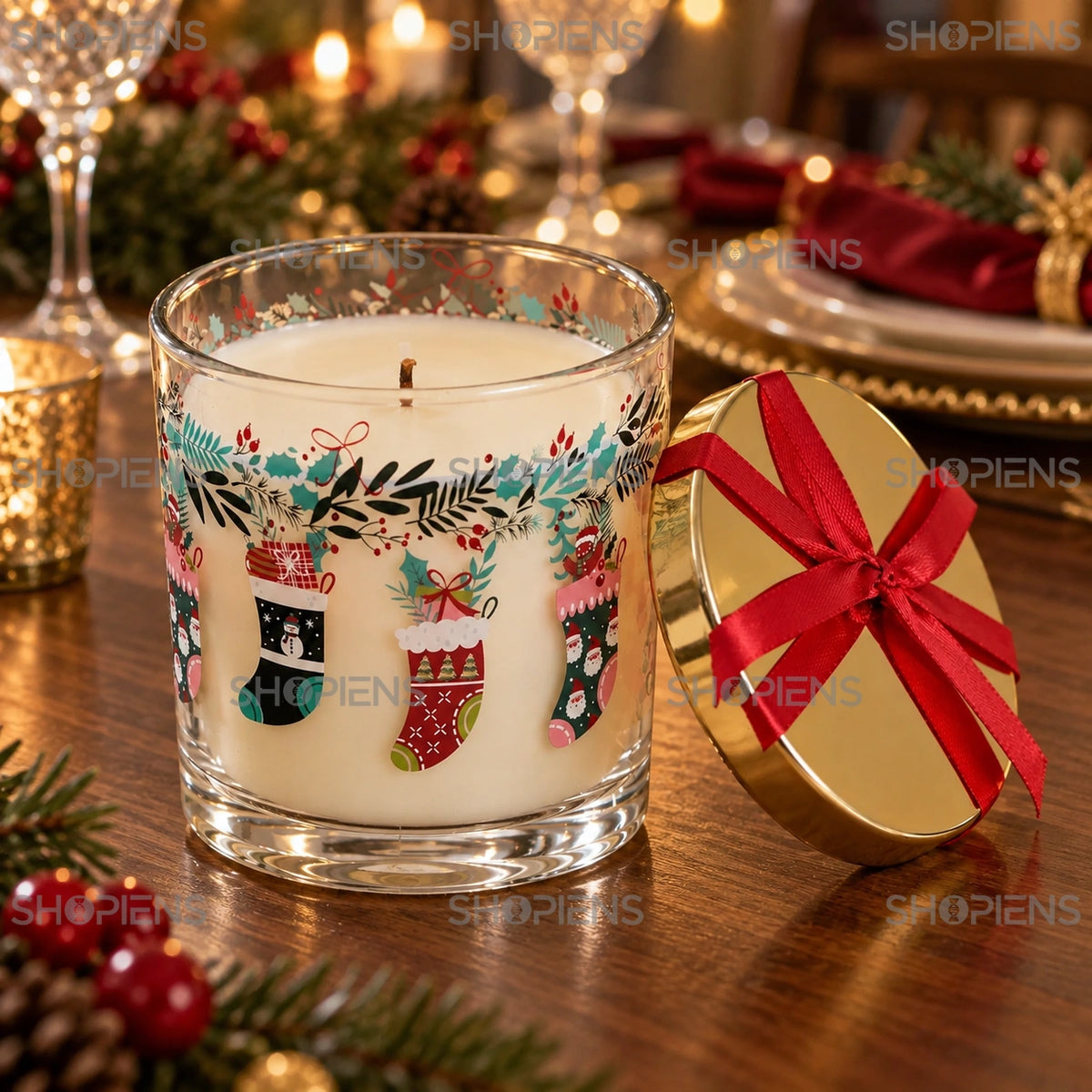 Lumânare gingerbread deschisă cu capacul auriu alături | Shopiens®
