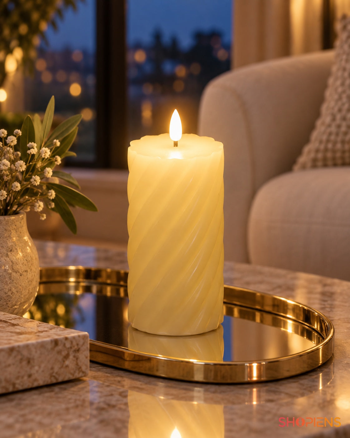 Lumânare LED Ecru cu Relief și Lumină Caldă, 15 cm