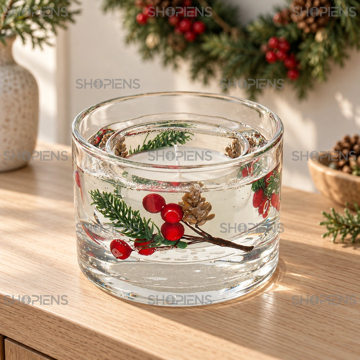 Lumânare albă cu gel și crenguțe pe o consolă din lemn | Shopiens®