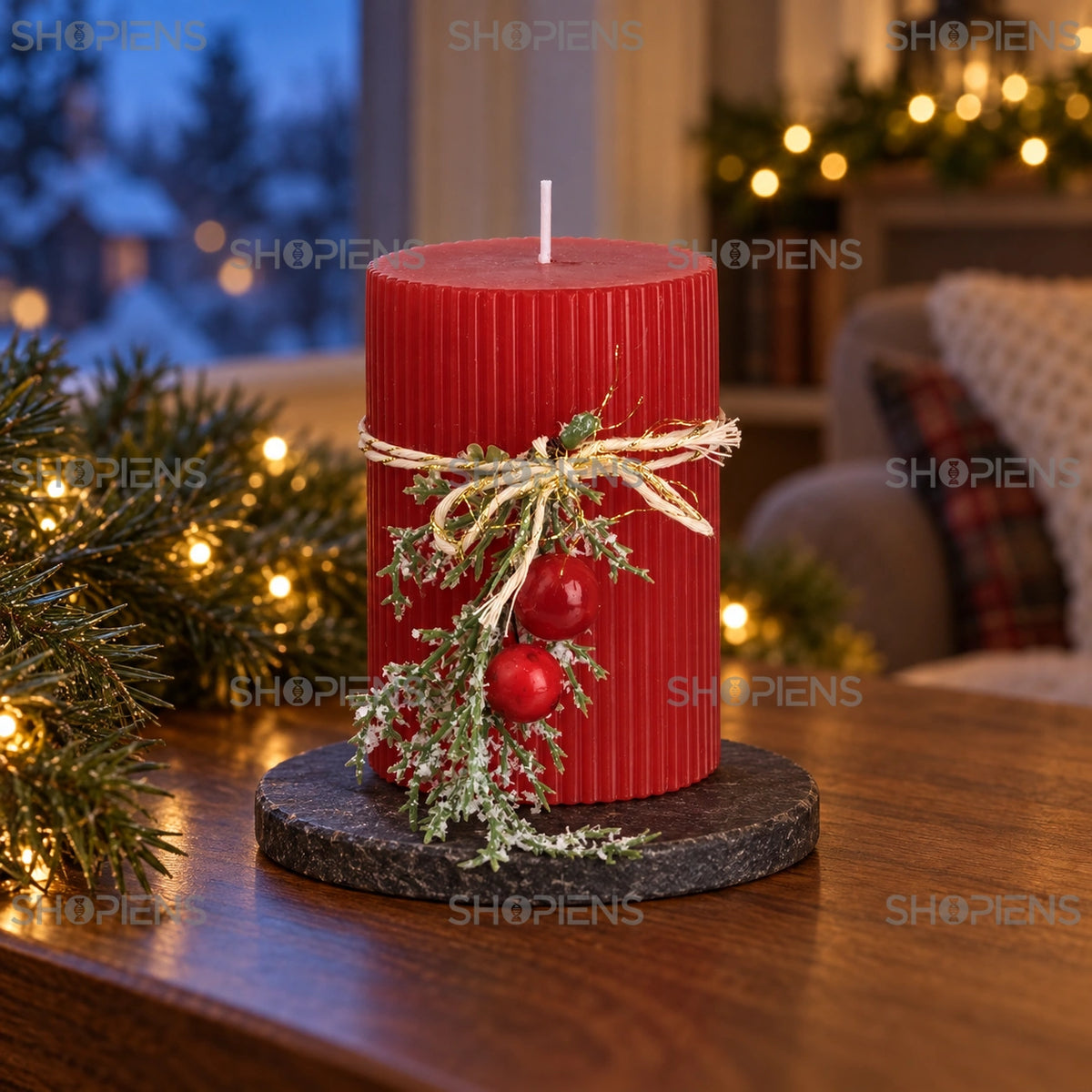 Lumânare decorativă cu buchet și relief vertical, 10 cm, pe o consolă lângă fereastră în decor festiv | Shopiens®
