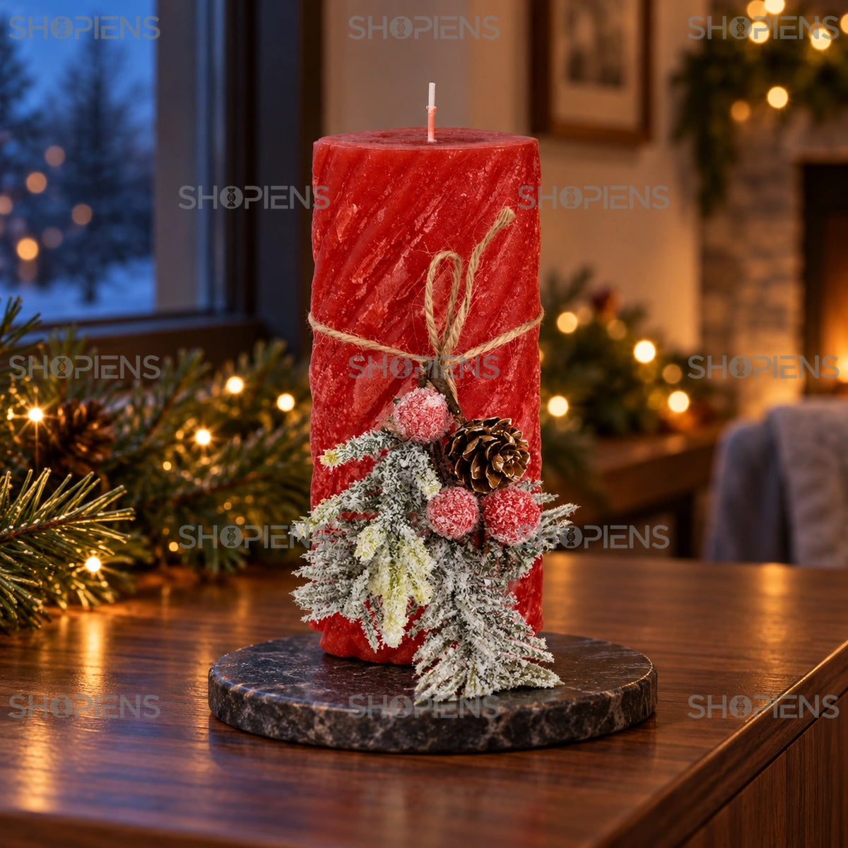 Lumânare de Crăciun roșie cu buchet nins, pe o consolă lângă fereastră în decor festiv | Shopiens®