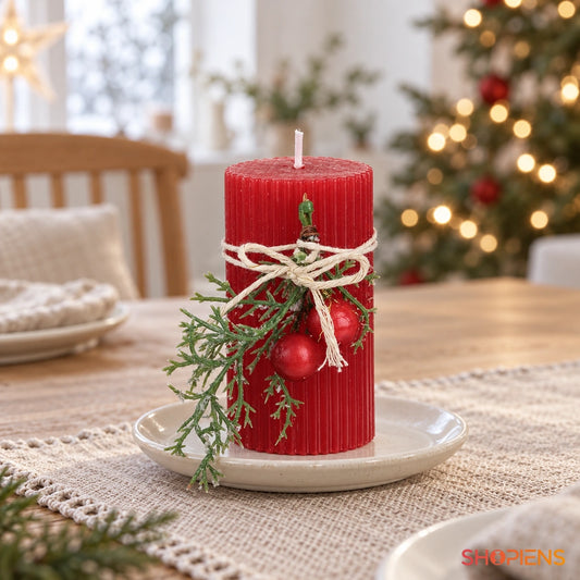 Lumânare roșie cu striații și buchet de vâsc, 9 cm, pe masa de Crăciun în lumină naturală | Shopiens®