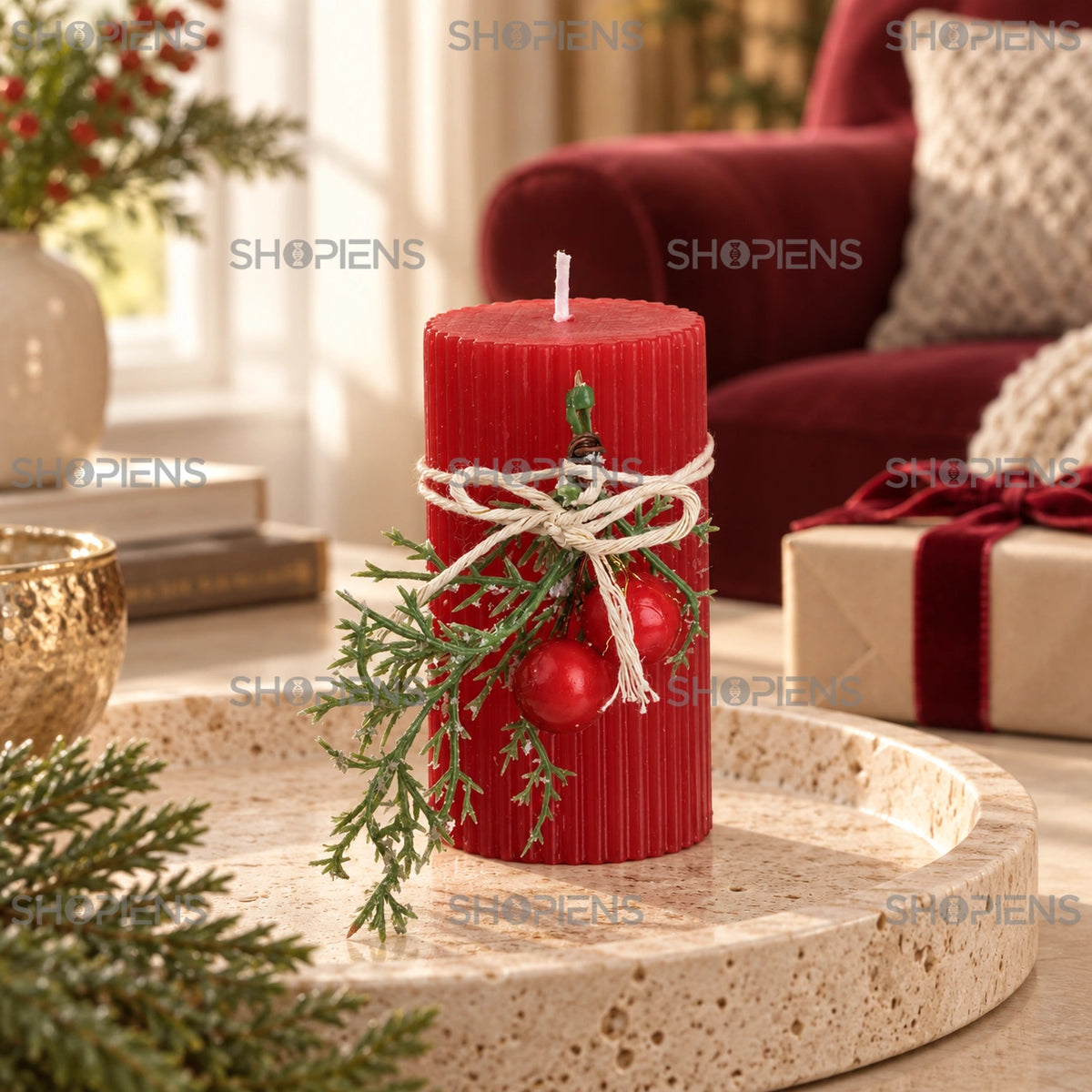 Lumânare roșie cu striații și buchet de vâsc, 9 cm, pe o măsuță în living decorat de sărbători | Shopiens®
