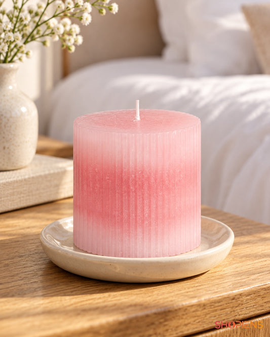 Lumânare Roz Striată cu Parfum de Piersică