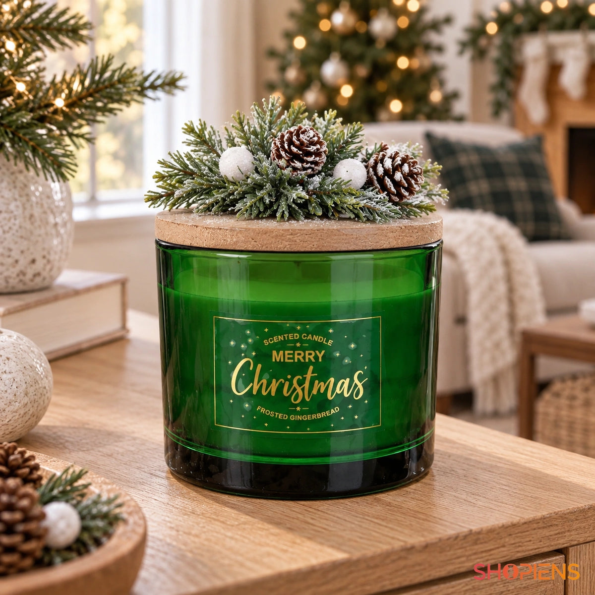 Lumânare în pahar verde cu capac din lemn decorat | Shopiens®