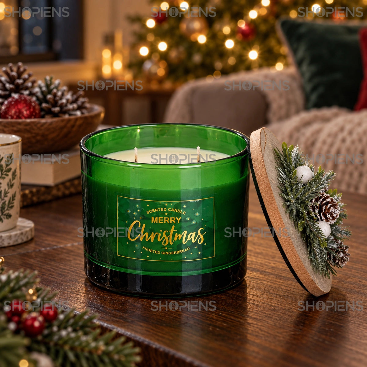 Lumânare Frosted Gingerbread deschisă și capac cu crenguțe alături | Shopiens®