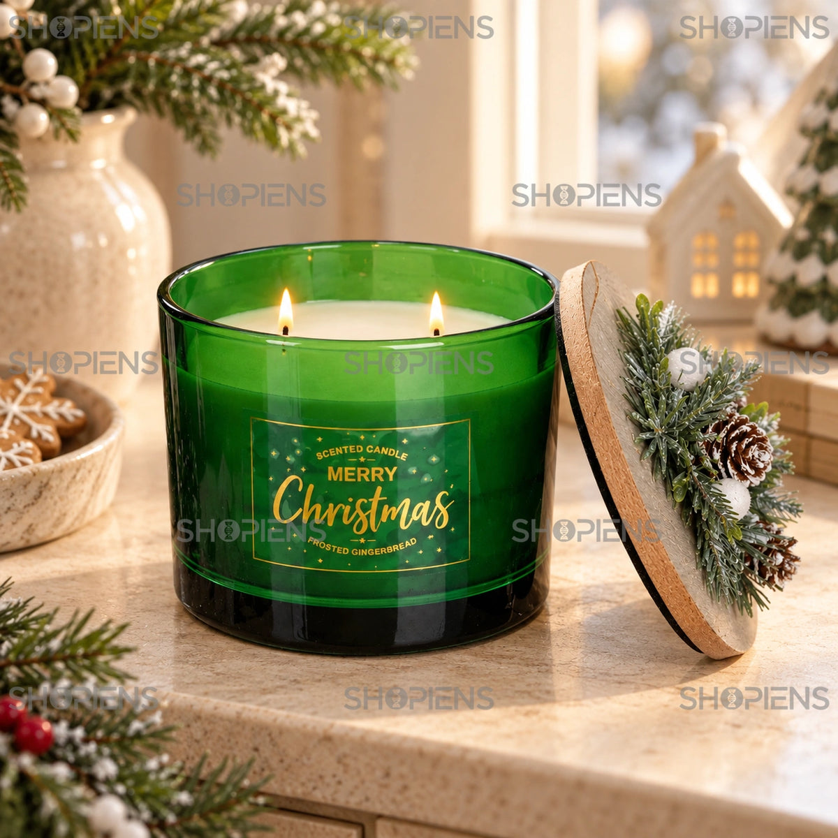 Lumânare cu două flăcări și capac decorativ pe o comodă | Shopiens®