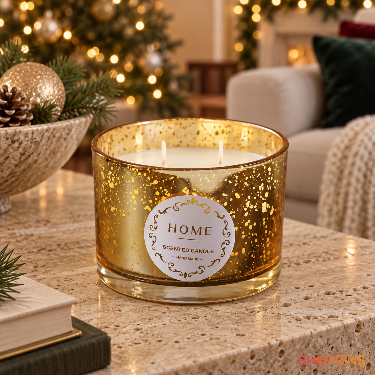 Lumânare în pahar auriu cu pete decorative pe o masă din piatră | Shopiens®