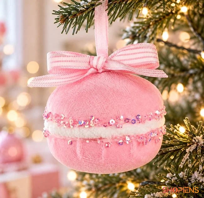 Macaron roz cu fundă și paiete, 8 × 5 cm, în brad, decor neinclus | Shopiens®