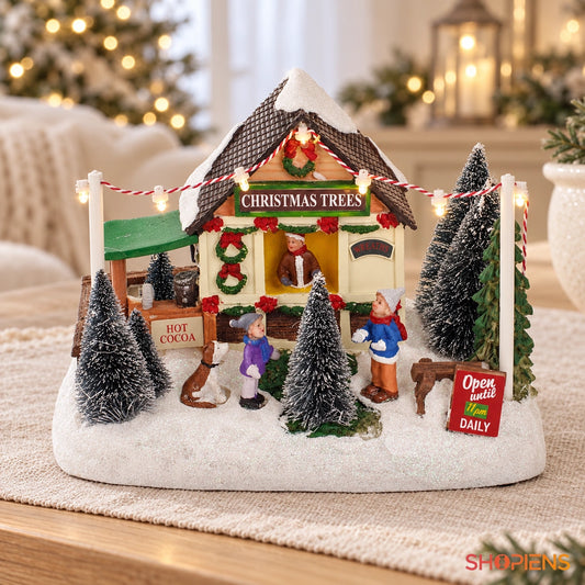 Magazin de brazi cu copii, cățeluș și lumini, 19 cm pe o consolă, într-un decor festiv în lumină naturală | Shopiens®