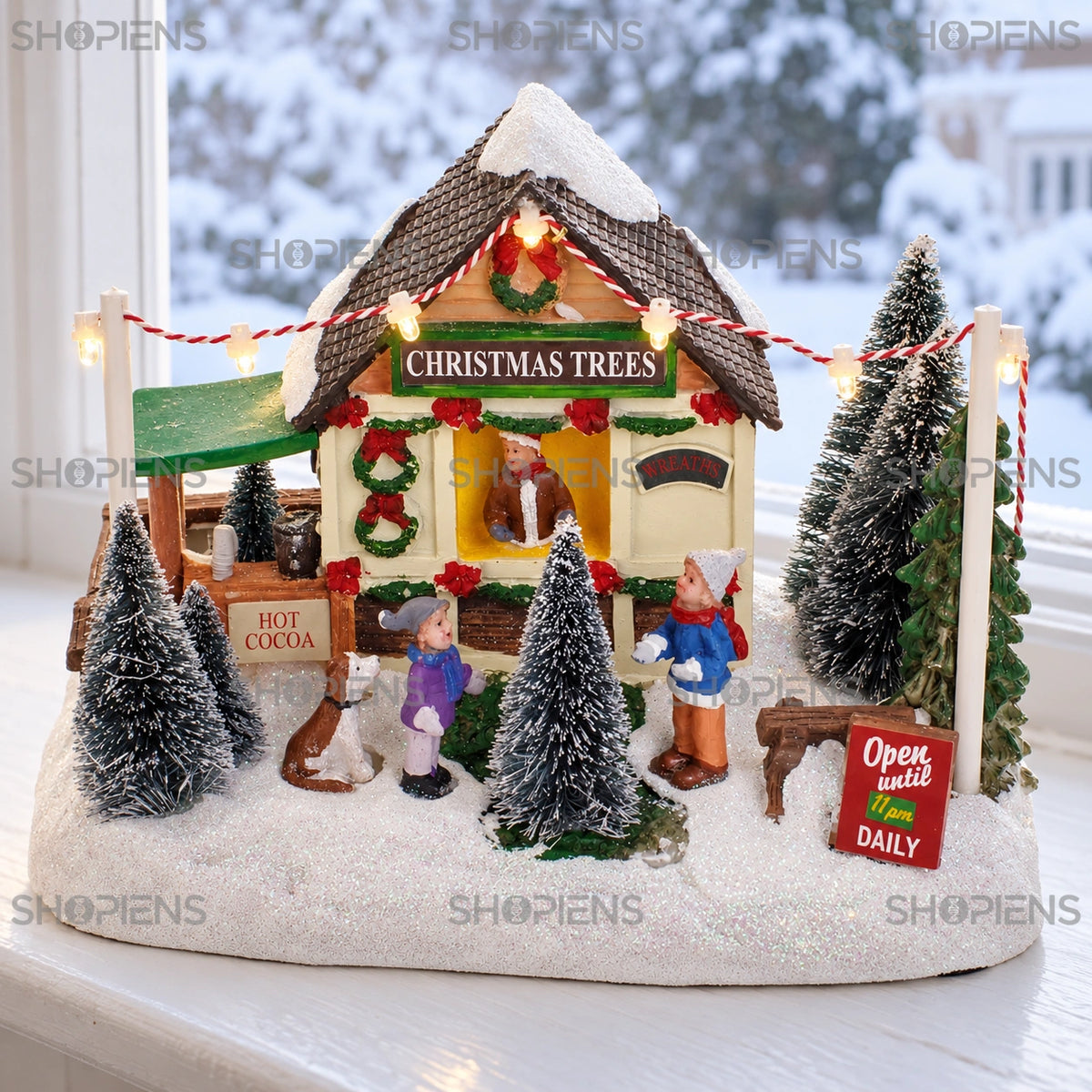 Magazin de brazi cu copii, cățeluș și lumini, 19 cm pe pervazul ferestrei, într-un decor de iarnă | Shopiens®