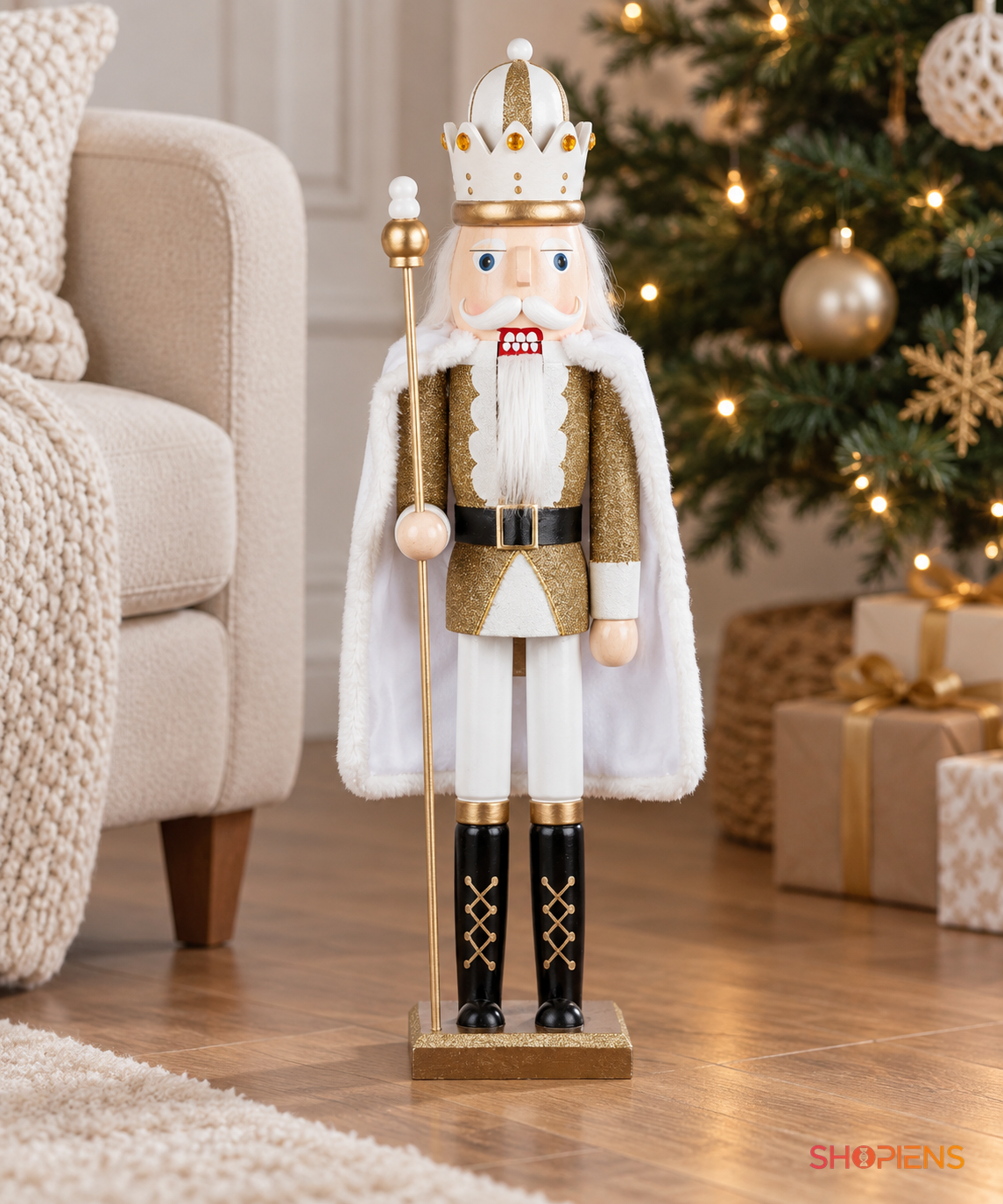 Rege decorativ alb cu capă și coroană, 60 cm
