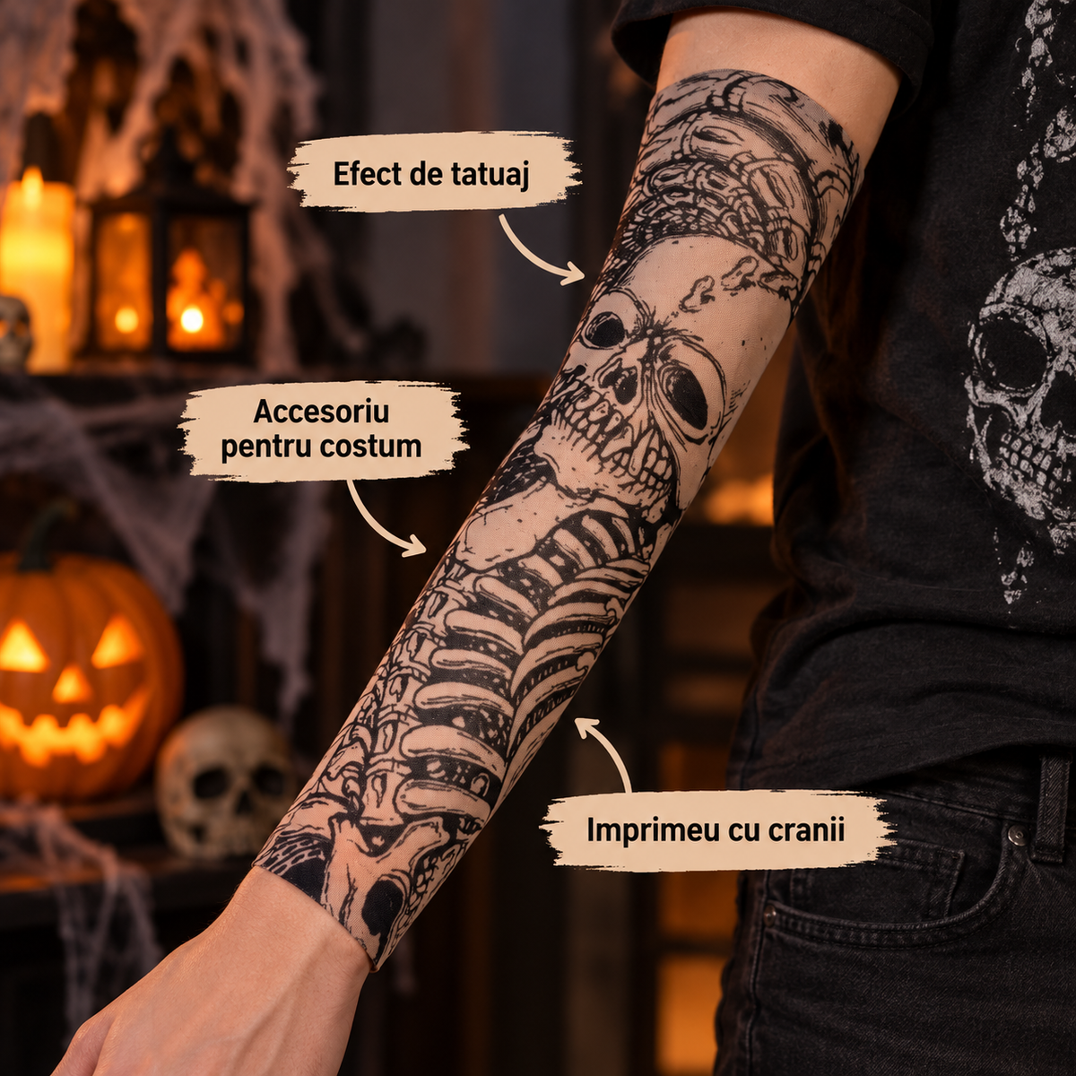 Maneca Tattoo Cu Cranii Pentru Costum Punk, 35 Cm - avantaje - Shopiens