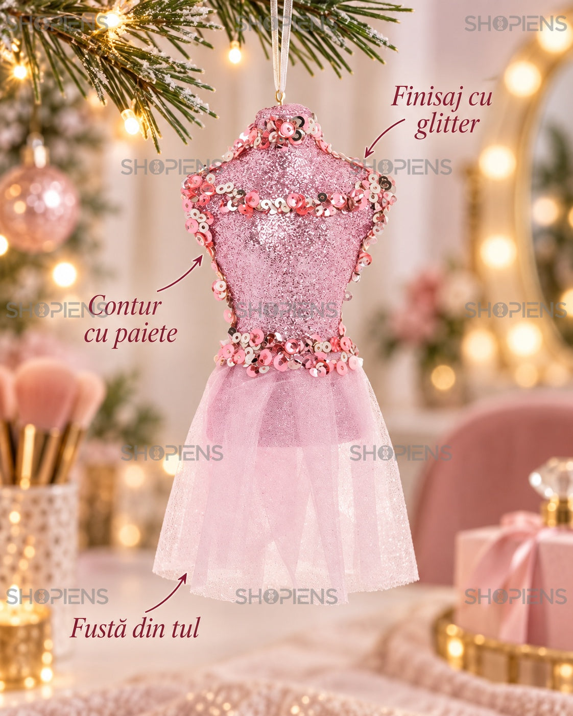 Ornament manechin cu fustă din tul, paiete și glitter – Shopiens