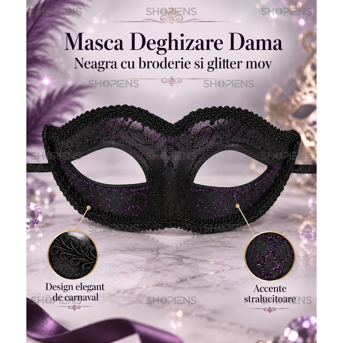Mască Carnaval Damă Neagră Cu Broderie Și Glitter Mov - Shopiens