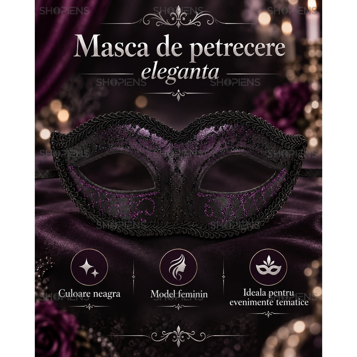 Mască Carnaval Damă Neagră Cu Broderie Și Glitter Mov - Shopiens