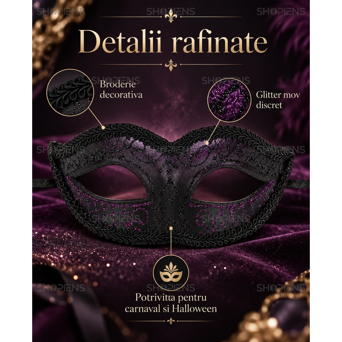 Mască Carnaval Damă Neagră Cu Broderie Și Glitter Mov - Shopiens