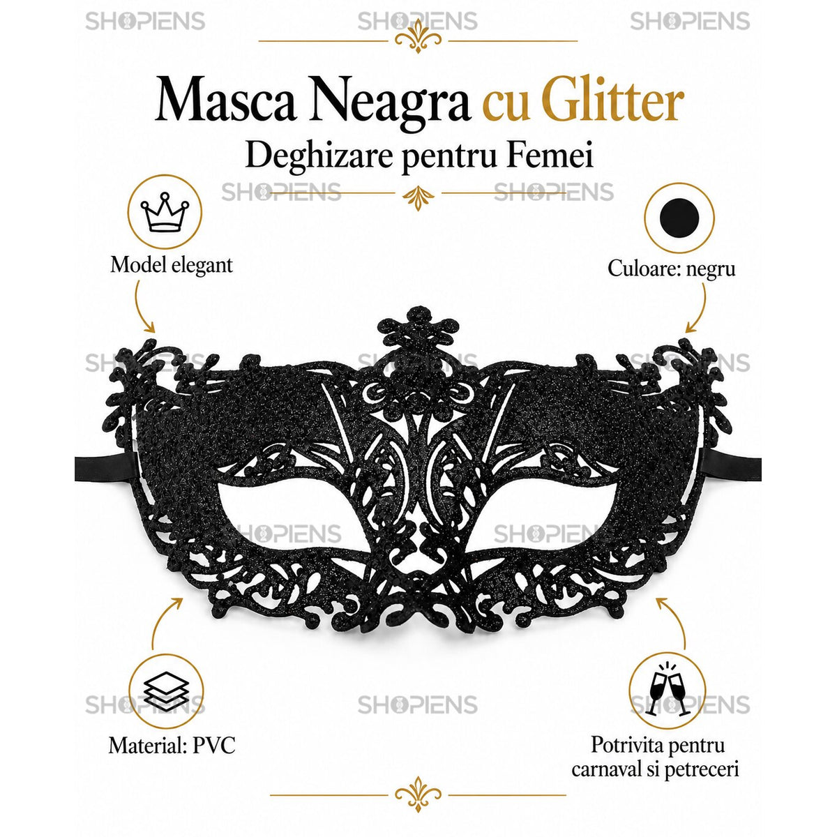 Mască Carnaval Damă Neagră Cu Glitter, Model Ornamental - Shopiens