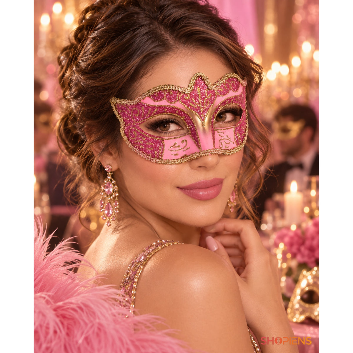 Mască Carnaval Damă Roz-Aurie Cu Glitter, Model Venețian - Shopiens