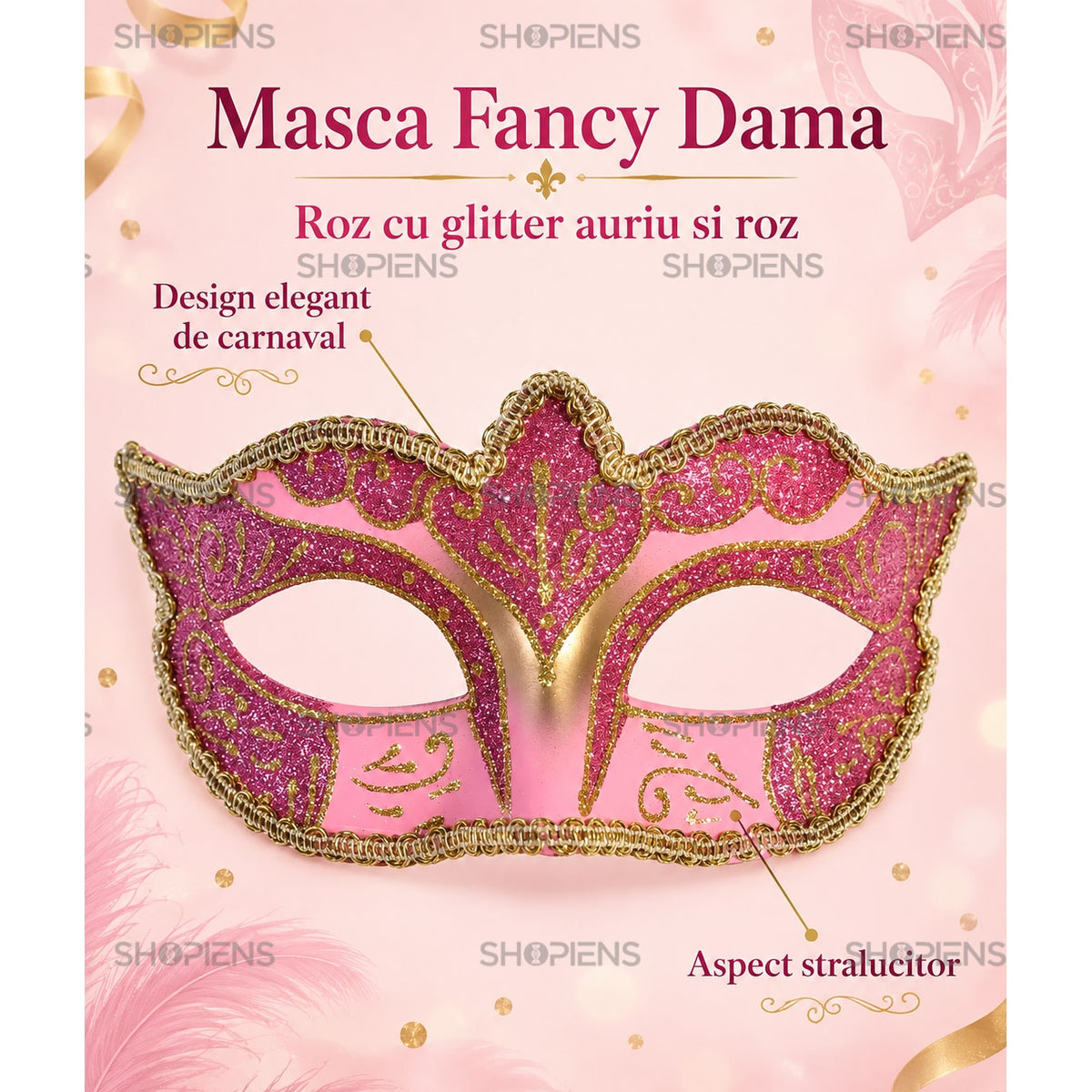 Mască Carnaval Damă Roz-Aurie Cu Glitter, Model Venețian - Shopiens