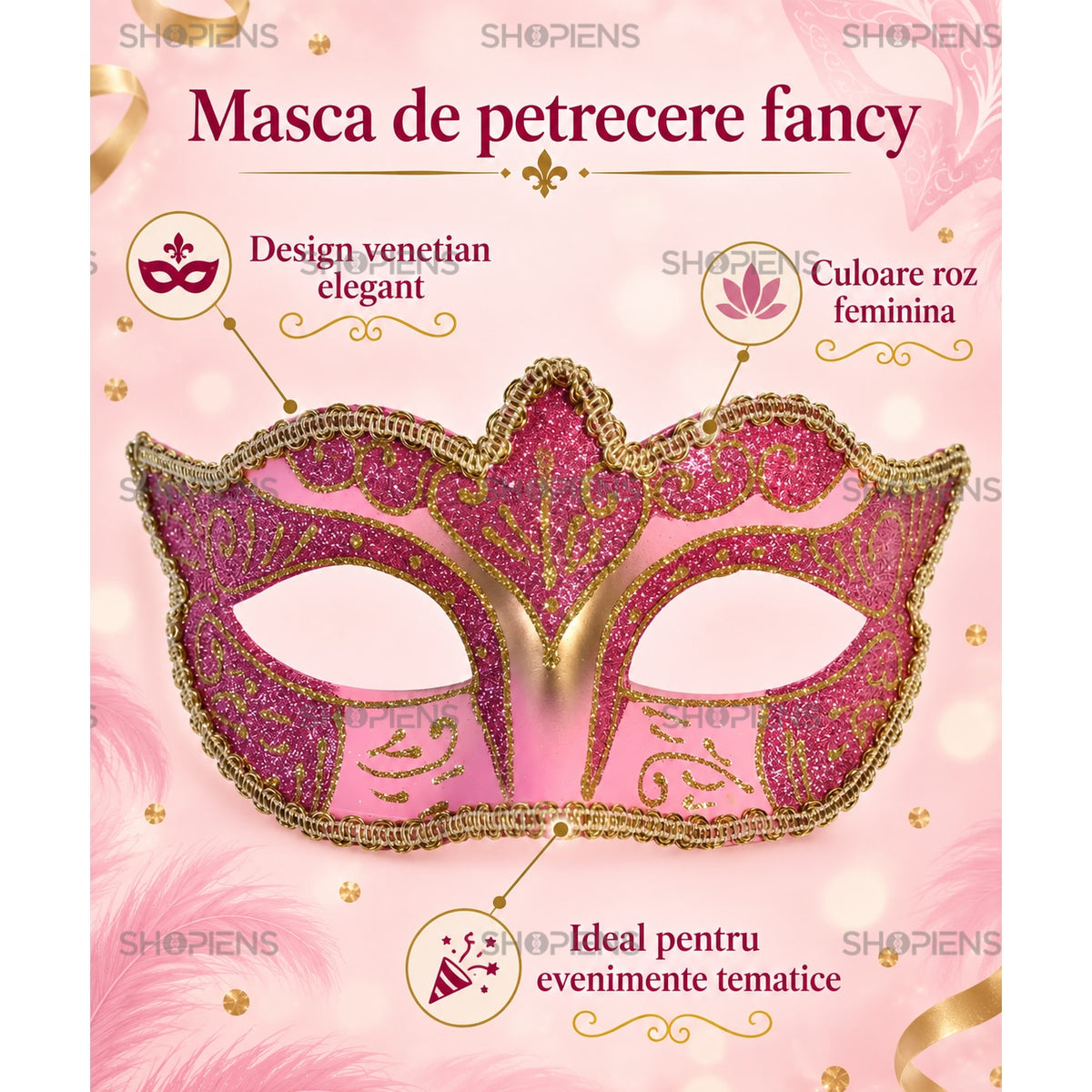 Mască Carnaval Damă Roz-Aurie Cu Glitter, Model Venețian - Shopiens