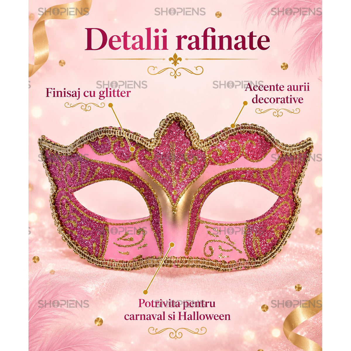 Mască Carnaval Damă Roz-Aurie Cu Glitter, Model Venețian - Shopiens