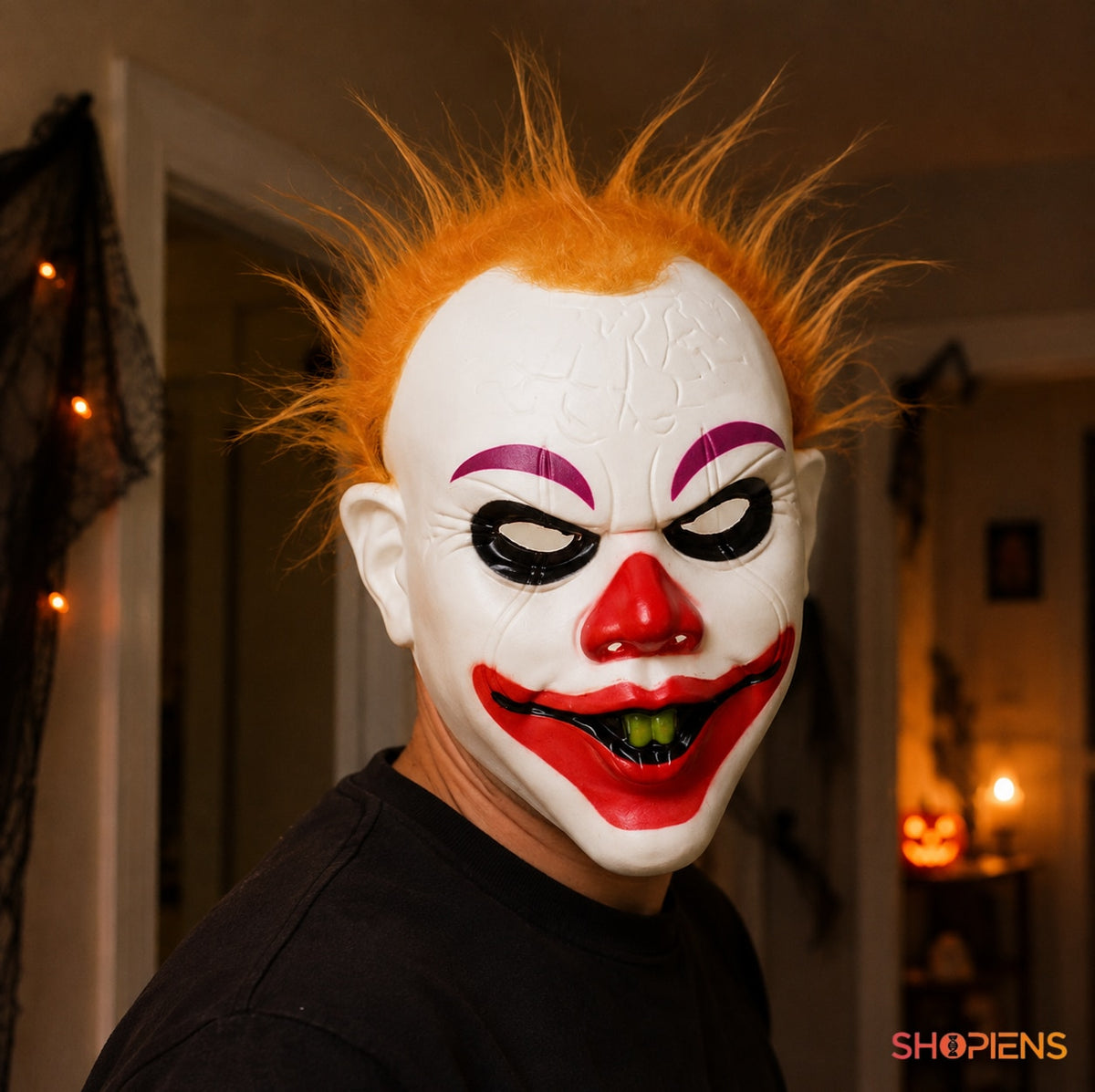 Mască Horror Clovn Cu Păr Portocaliu Și Nas Roșu - Shopiens