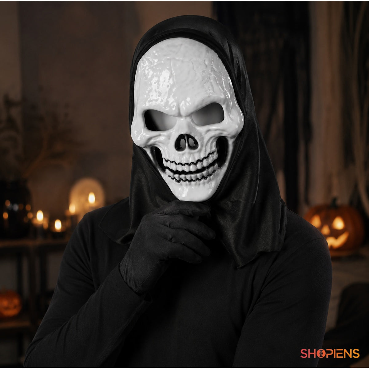 Mască Horror Craniu Alb Cu Glugă Neagră - Shopiens