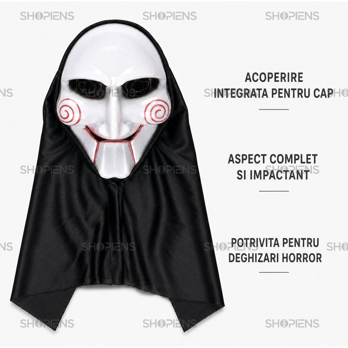 Mască Horror Marionetă Cu Glugă Neagră Și Spirale Roșii - Shopiens