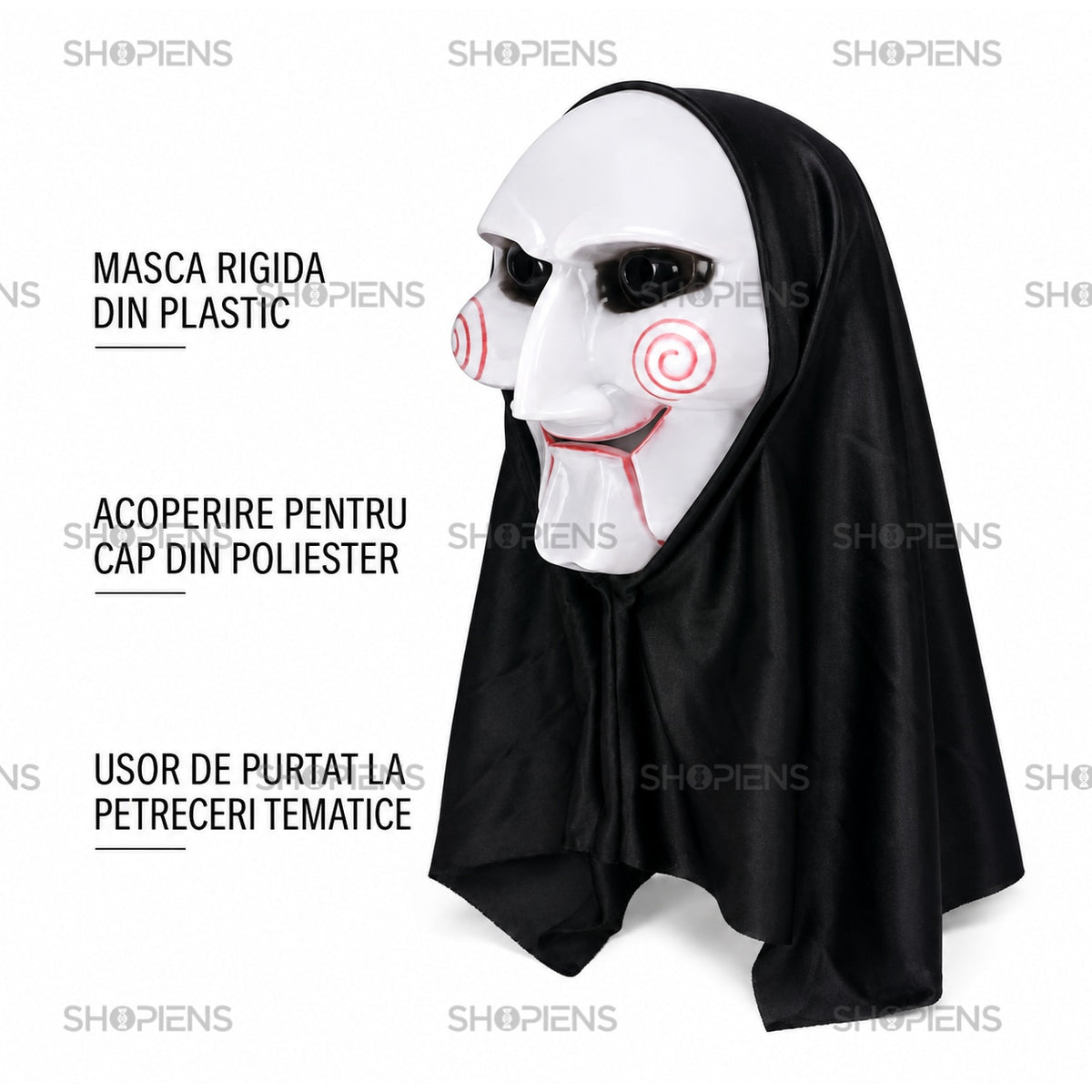 Mască Horror Marionetă Cu Glugă Neagră Și Spirale Roșii - Shopiens