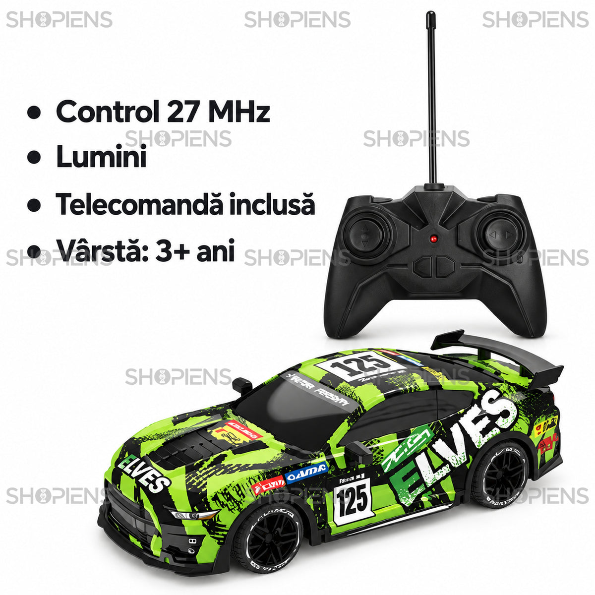 Mașină de curse verde cu telecomandă și lumini | Shopiens