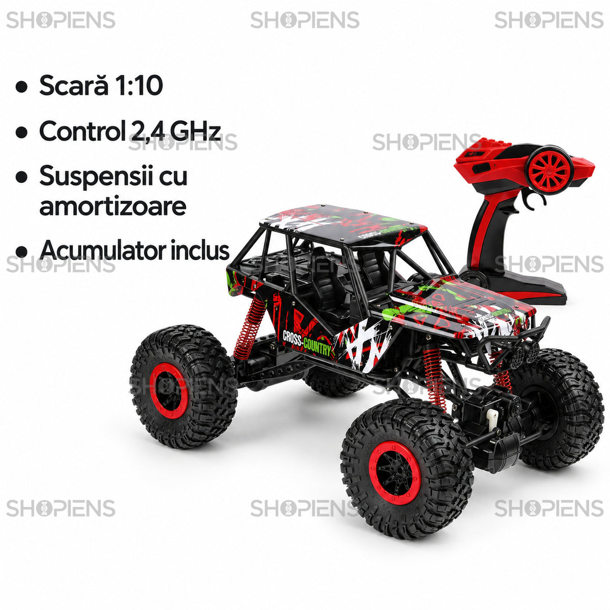 Mașină Rock Crawler neagră și roșie cu telecomandă, 1:10 | Shopiens