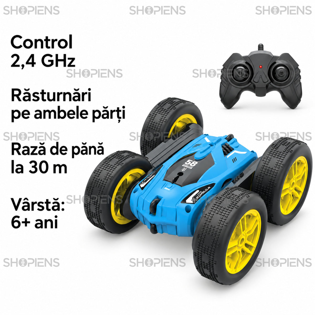 Mașină stunt albastră cu 4 roți și telecomandă | Shopiens