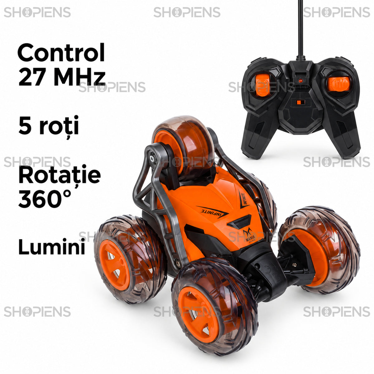 Mașină stunt portocalie cu 5 roți și telecomandă | Shopiens