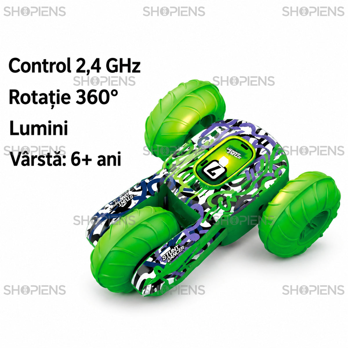Mașină stunt verde cu lumini și telecomandă | Shopiens