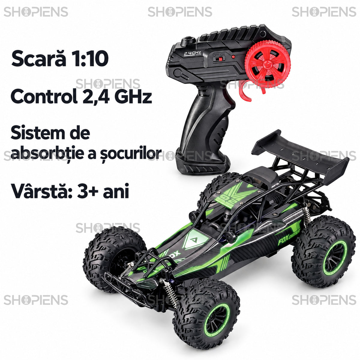 Mașină Vanguard neagră și verde cu telecomandă, 1:10 | Shopiens